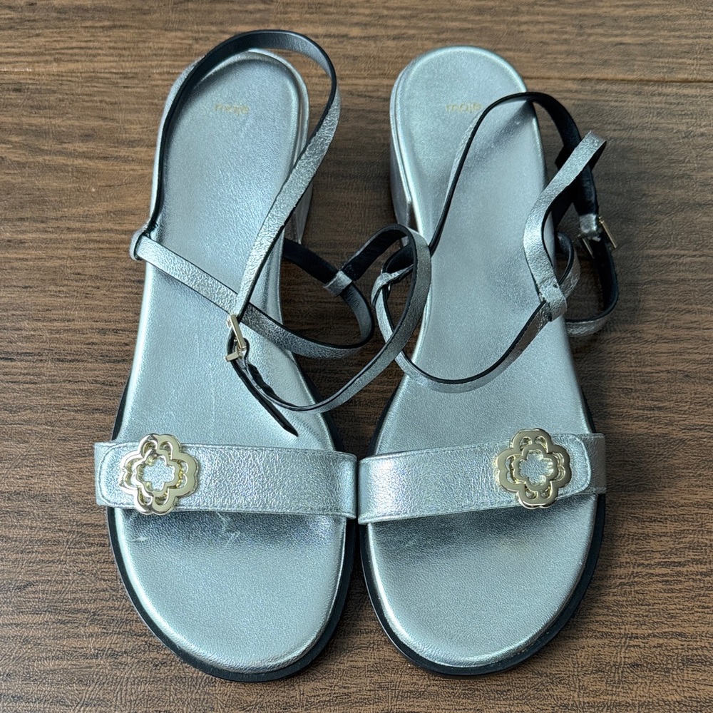 Maje Argent Leather Strappy Sandals in Silver with Gold Accent